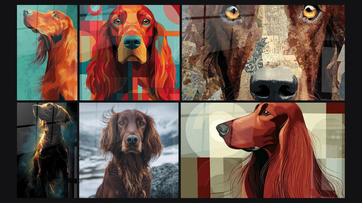 Mosaïque de six tableaux, dont Chien Assis Illuminé par la Lumière Dorée et Chien Roux aux Formes Géométriques