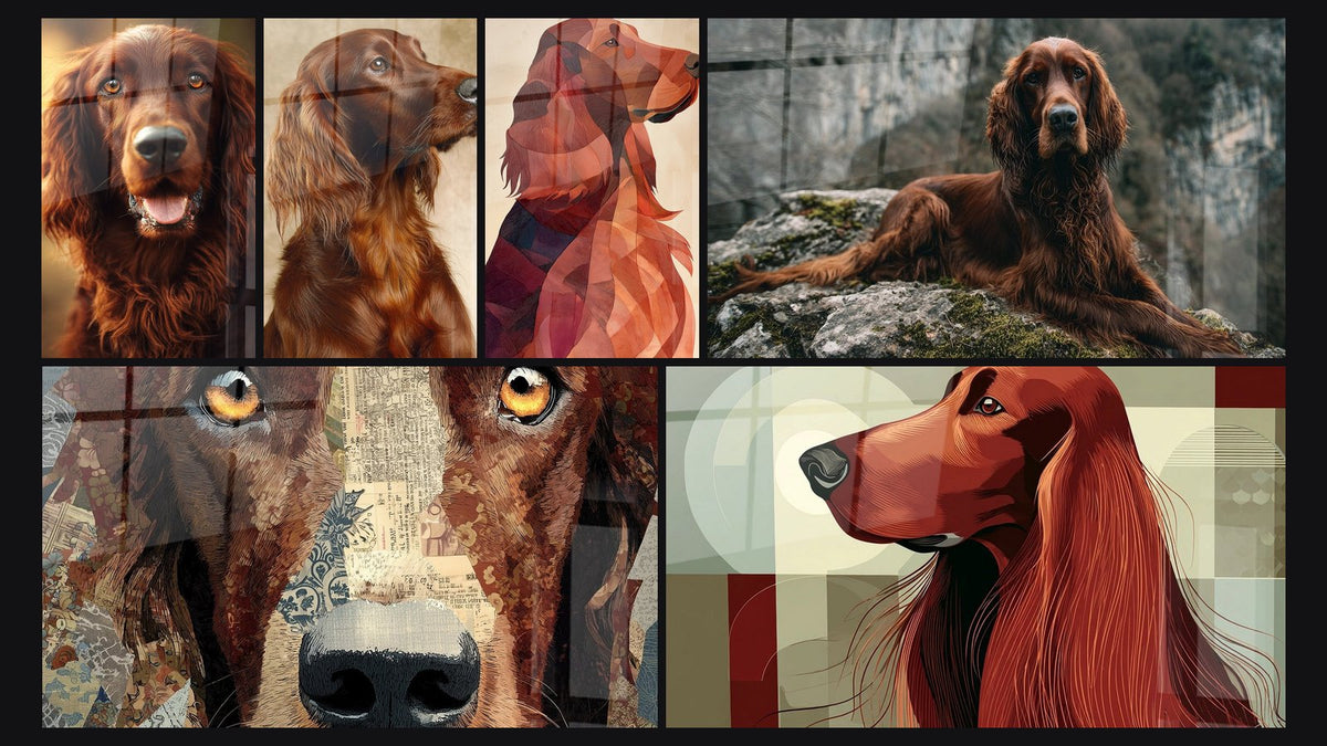 Mosaico di sei quadri, tra cui Cane di Profilo con Sfumature Arancioni e Cane Rosso Sdraiato su Roccia Muschiata