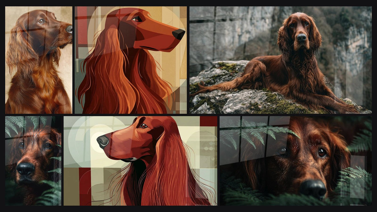 Mosaïque de six tableaux, dont Chien Roux dans les Fougères et Chien Roux Allongé sur Rocher Moussu