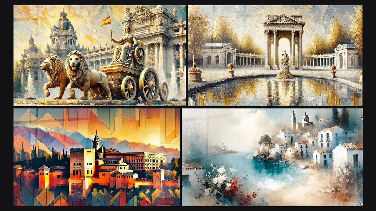 Mosaïque de quatre tableaux, dont Madrid N°1, Grenade N°1 et Espagne N°2