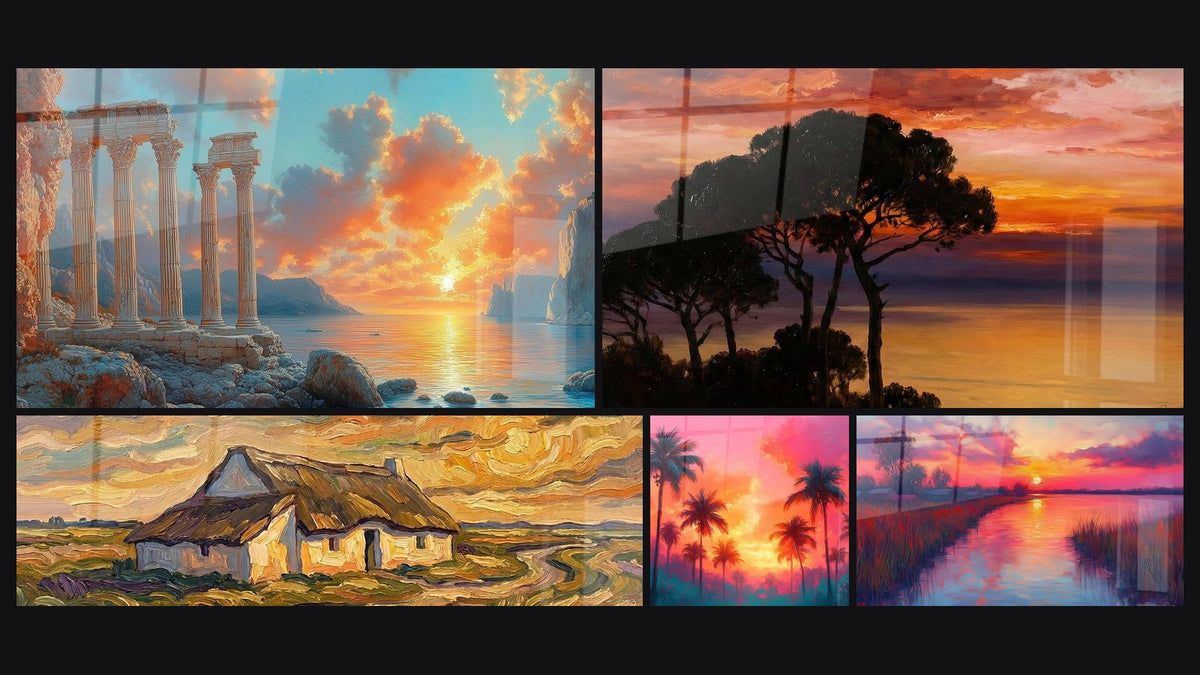 Mosaïque de cinq tableaux, dont Helios, Coucher de Soleil Méditerranéen et Mas Provençal