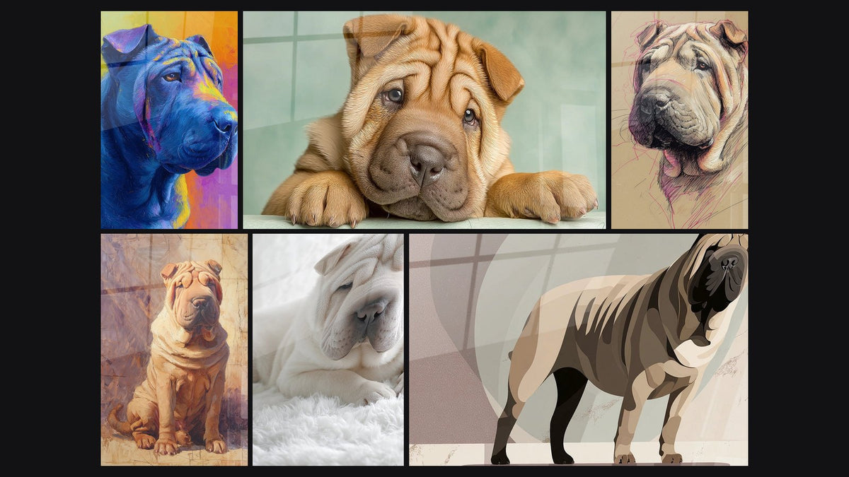 Mosaïque de six tableaux, dont Chien Bleu aux Reflets Violets et Shar Pei Assis aux Tons Dorés