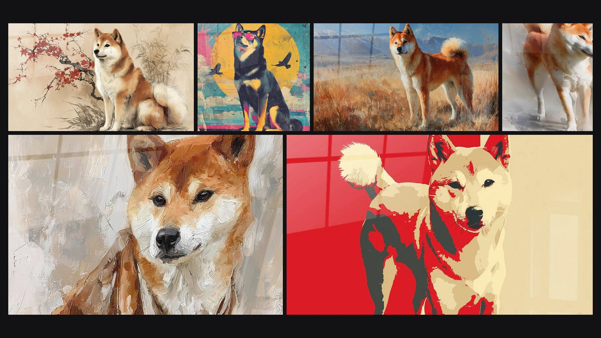 Mozaika sześciu obrazów, w tym Shiba Inu Rudego w Złotej Preri i Shiba Inu Akwarela Portret Elegancki