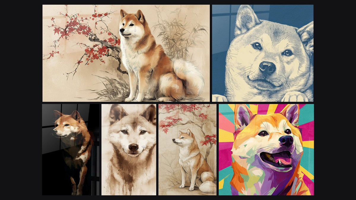 Mosaico di sei quadri, tra cui Shiba Inu Seduto con Ramo Fiorito Rosso e Cane Rosso in Abito Scuro