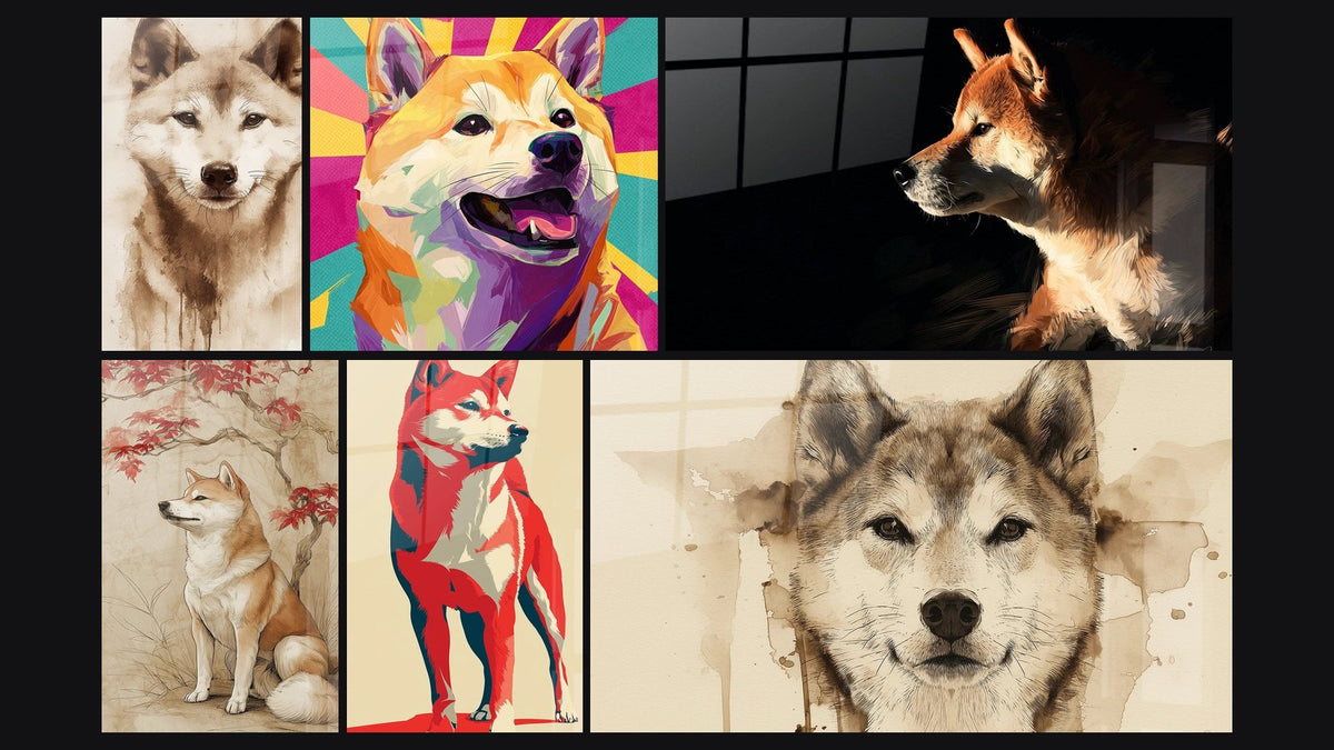 Mosaico di sei quadri, tra cui Ritratto Canino Acquerello Seppia e Shiba Inu Seduto sotto Acero Rosso
