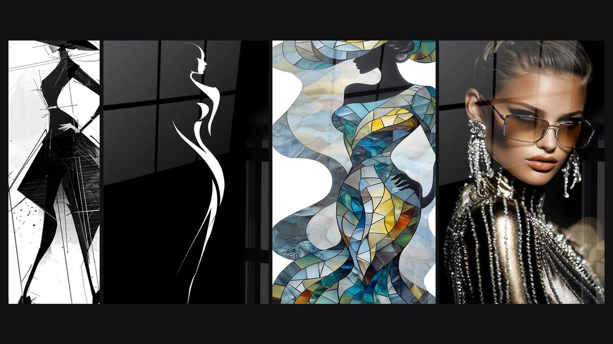 Mosaïque de quatre tableaux, dont Silhouette Femme Élégante, Silhouette Féminine Élégante et Femme