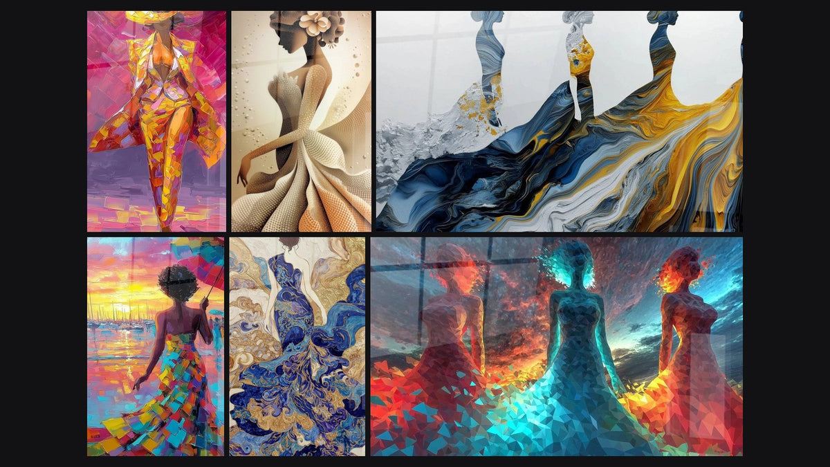 Mosaic of six paintings, including Elegant Woman, Woman and Golden Silhouette