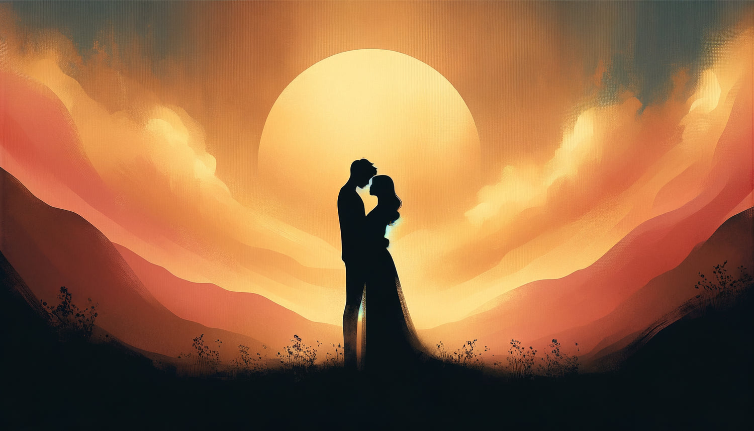 Tableau minimaliste contemporain avec silhouettes de couple enlacé devant coucher de soleil doré, atmosphère poétique et intime