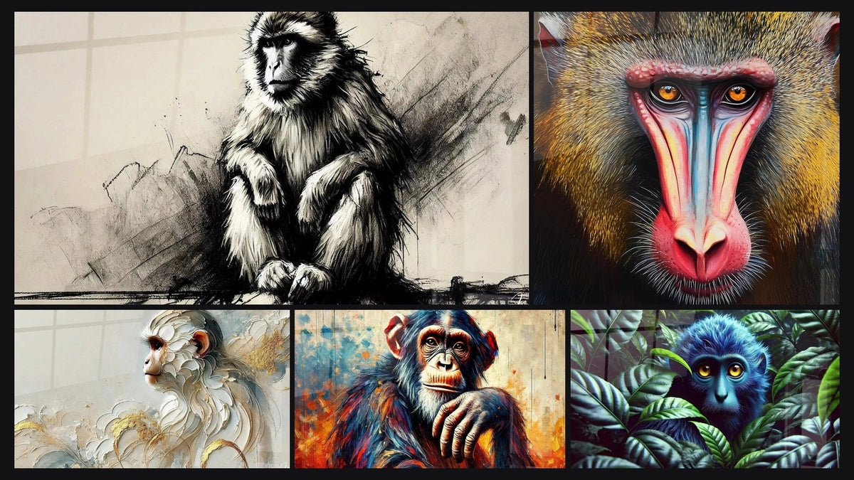 Mosaico de cinco cuadros, entre ellos Reflexión Primates, Mandril Rostro Totémico y Mono de Éter