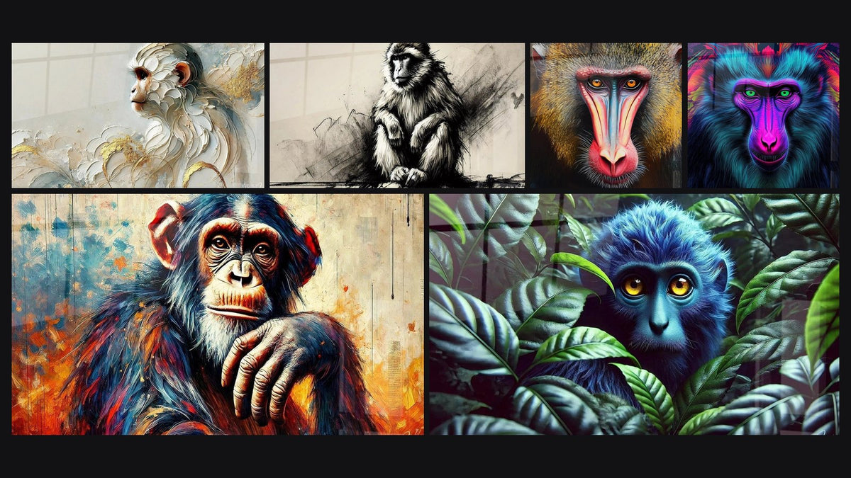 Mosaik aus sechs Gemälden, darunter Tiermeditation, Farben des Geistes und Mandrill-Bild Totemisches Gesicht