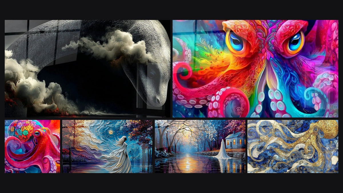Mosaik aus sechs Gemälden, darunter Oktopus Psychedelisches, Mystische Weiße Dame am Seeufer und Weiße Dame am Seeufer