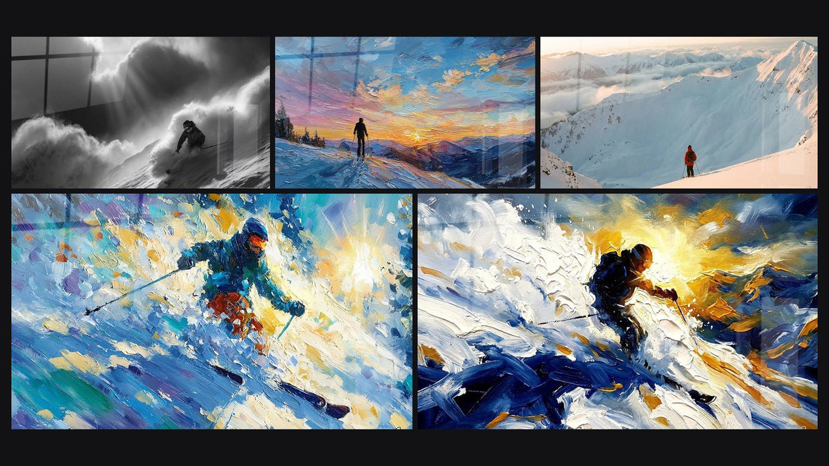 Mosaïque de cinq tableaux, dont Skieur Montagne, Skieur au Coucher de Soleil et Skieur en Action