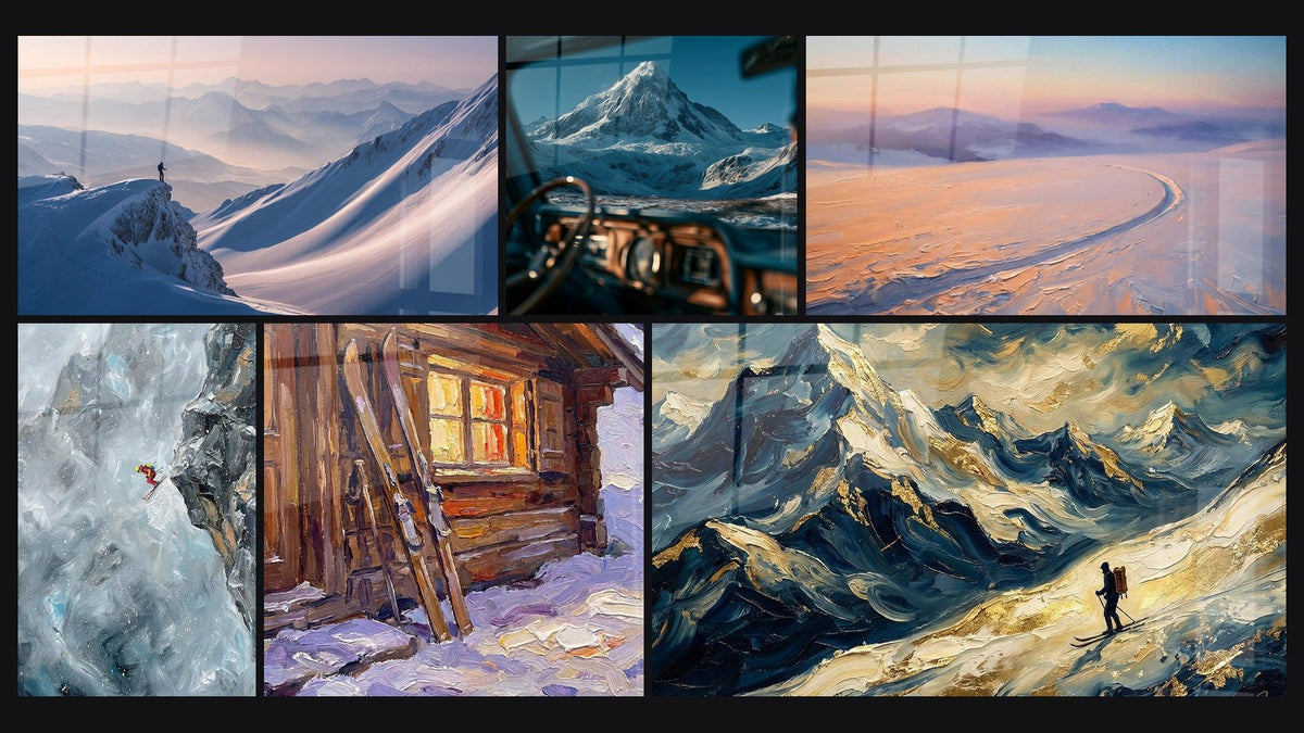Mosaïque de six tableaux, dont Skieur Sommet Montagne, Skieur Tempête Montagne et Chalet de Montagne