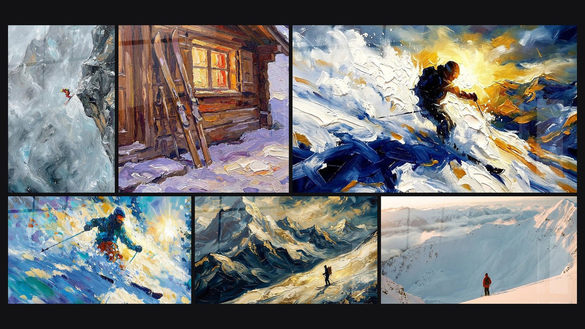Mosaïque de six tableaux, dont Skieur Tempête Montagne, Chalet de Montagne et Skieur en Action
