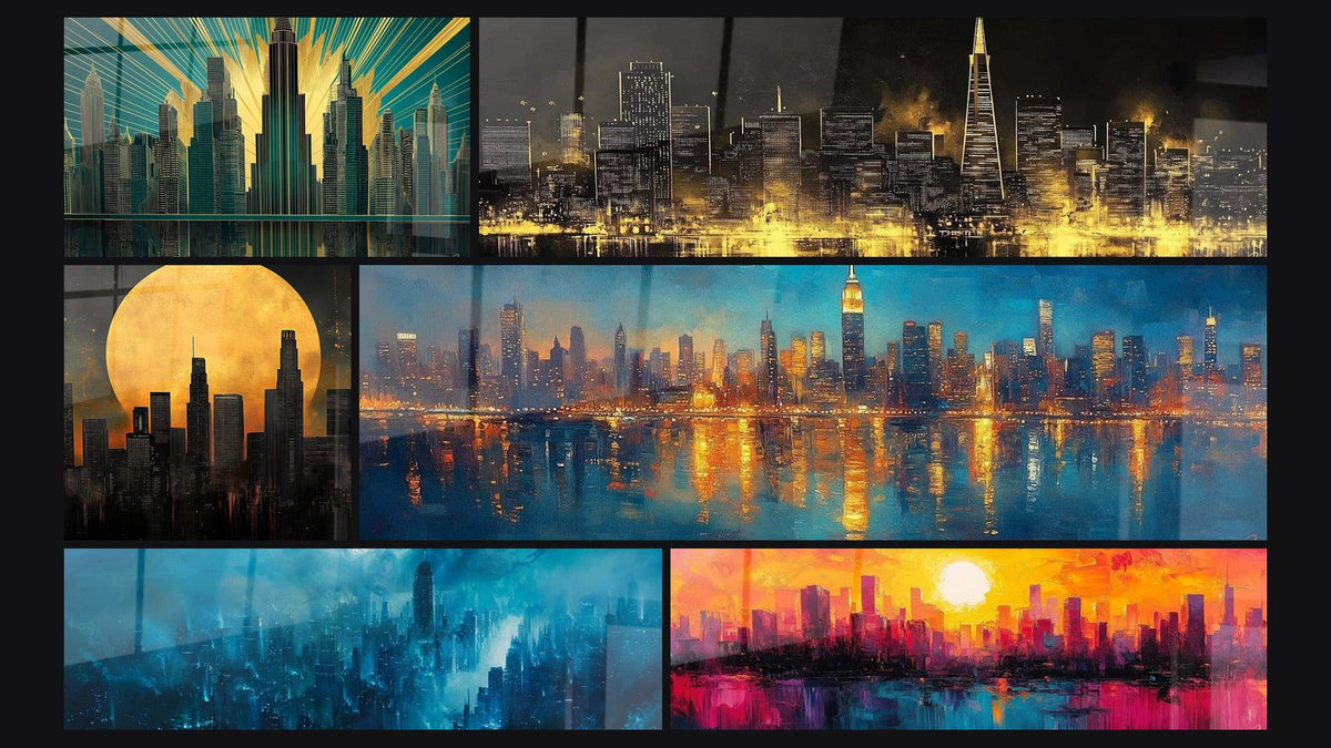 Mosaïque de six tableaux, dont Skyline New York, Buildings Sentinelles dorées et Métropole Lune des géants