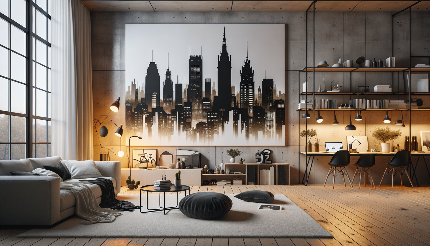 Intérieur Airbnb contemporain avec grand tableau de skyline urbaine minimaliste en noir sur mur blanc