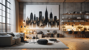 Intérieur Airbnb contemporain avec grand tableau de skyline urbaine minimaliste en noir sur mur blanc