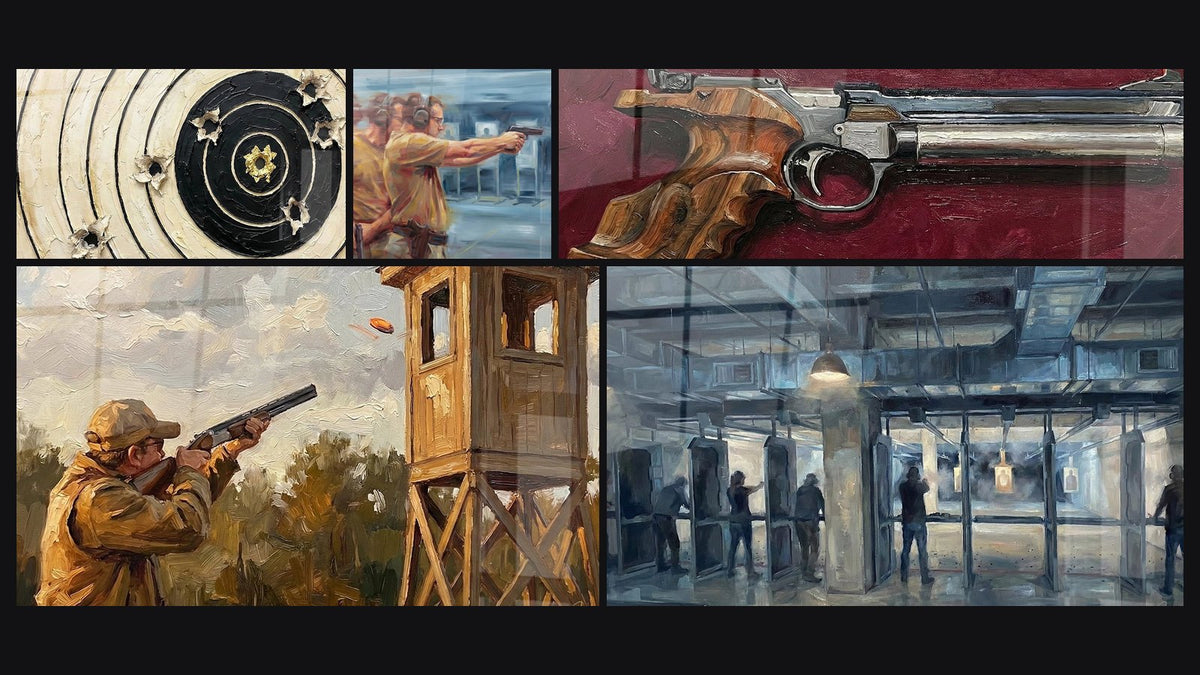 Mosaïque de cinq tableaux, dont Cible de Tir, Chasseur Ball-Trap et Tireur au Stand