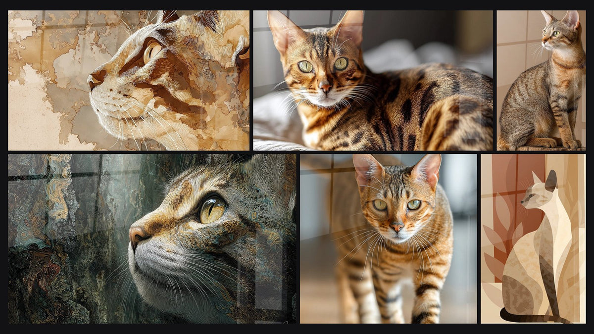 Mosaïque de six tableaux, dont Chat aux tons dorés, Chat Bengal Couché et Chat Sokoke Contemplatif