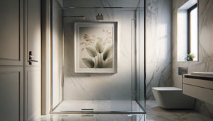 Tableau sous verre protecteur installé dans une salle de bain moderne avec condensation visible démontrant sa résistance à l'humidité