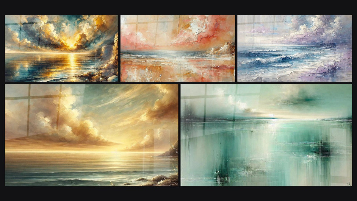 Mosaïque de cinq tableaux, dont Crépuscule Doré, Douceur du Crépuscule et Douceur d’Ambre