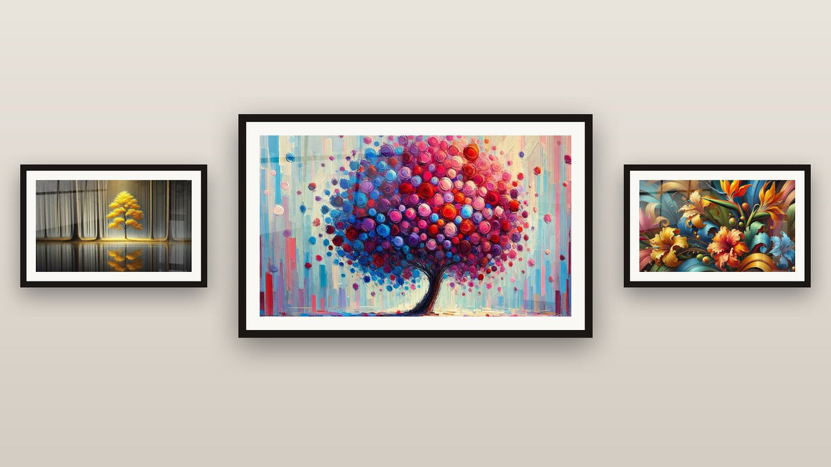 Gallery wall with three framed paintings: Eternal Tranquility, Joy Tree and Botanical Rhapsody