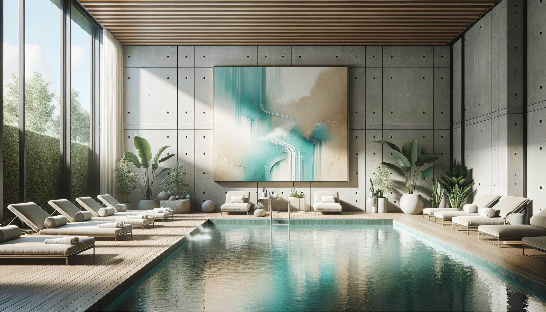 Tableau abstrait aux tons bleu aqua dans un spa moderne avec piscine intérieure, ambiance zen et apaisante