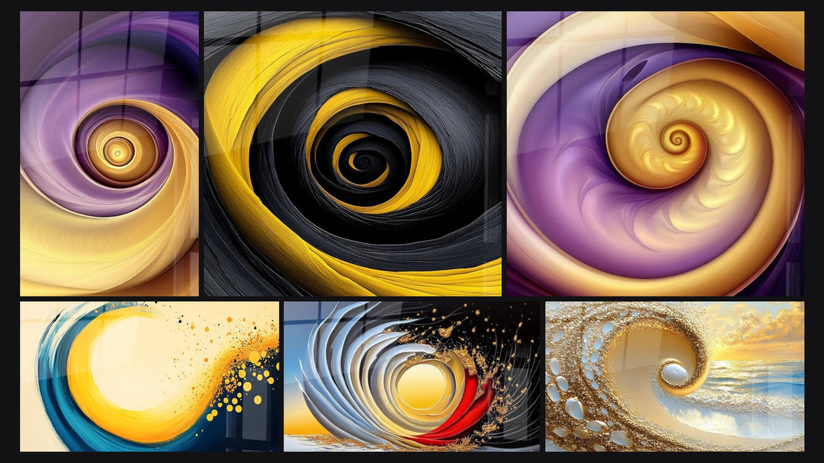 Mosaïque de six tableaux, dont Spirale dorée et violette, Spirale dorée et noire et Spirale dorée et bleue