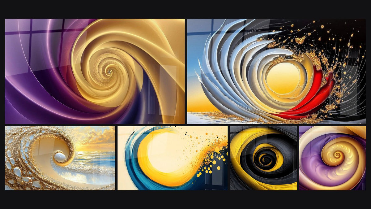 Mosaic of six paintings, including Golden and purple spiral, Explosive Golden Spiral and Golden Ocean Spiral