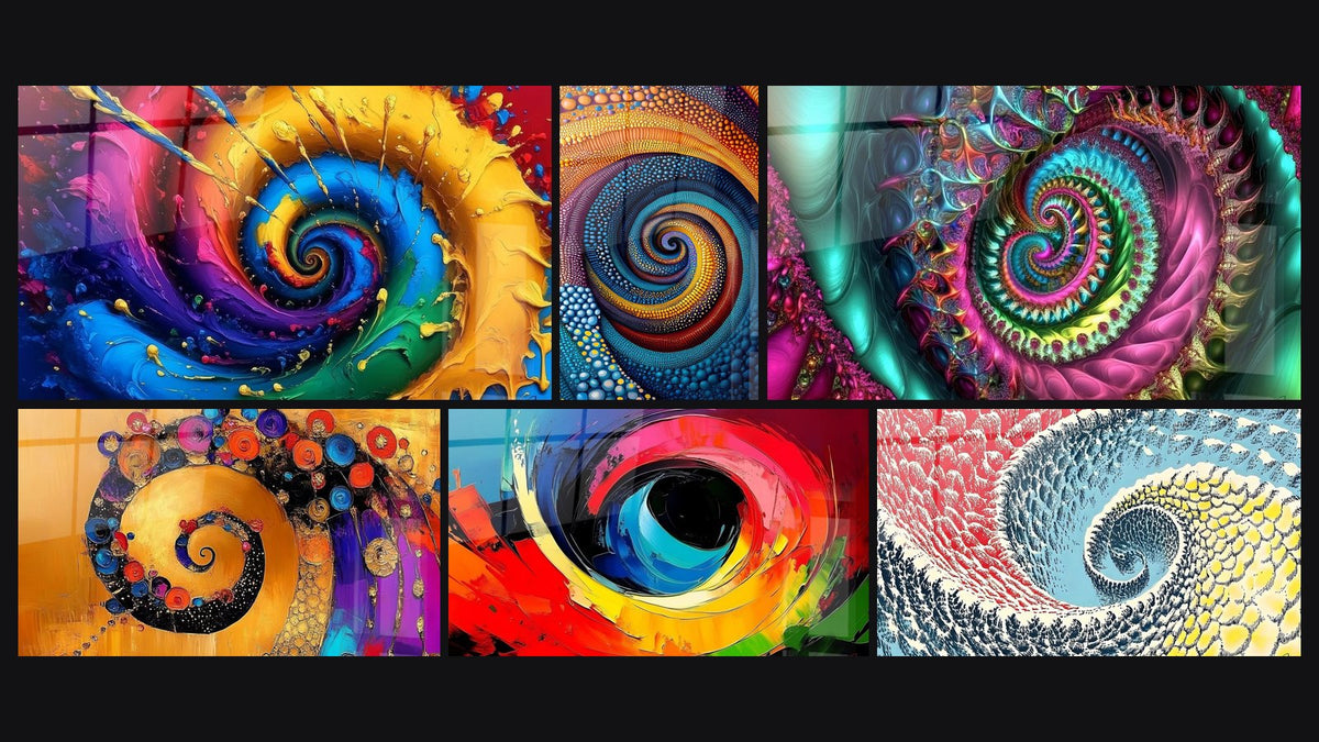 Mosaïque de six tableaux, dont Spirale multicolore, Spirale colorée multicolore et Spirale dorée colorée