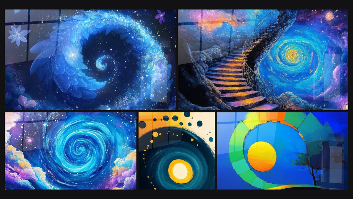 Mosaïque de cinq tableaux, dont Spirale cosmique fleurie, Spirale cosmique bleue et Escalier cosmique