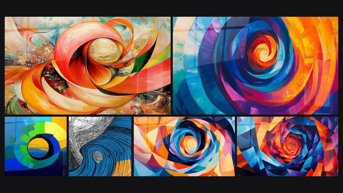 Mosaico di sei quadri, tra cui A spirale dinamica rossa arancione, A spirale colorata arcobaleno e Tavola vaga a spirale blu