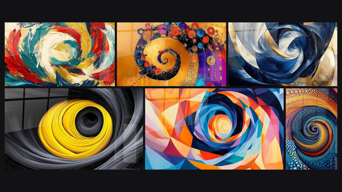 Mosaïque de six tableaux, dont Métamorphose Cosmique, Spirale dorée hypnotique et Spirale dorée colorée