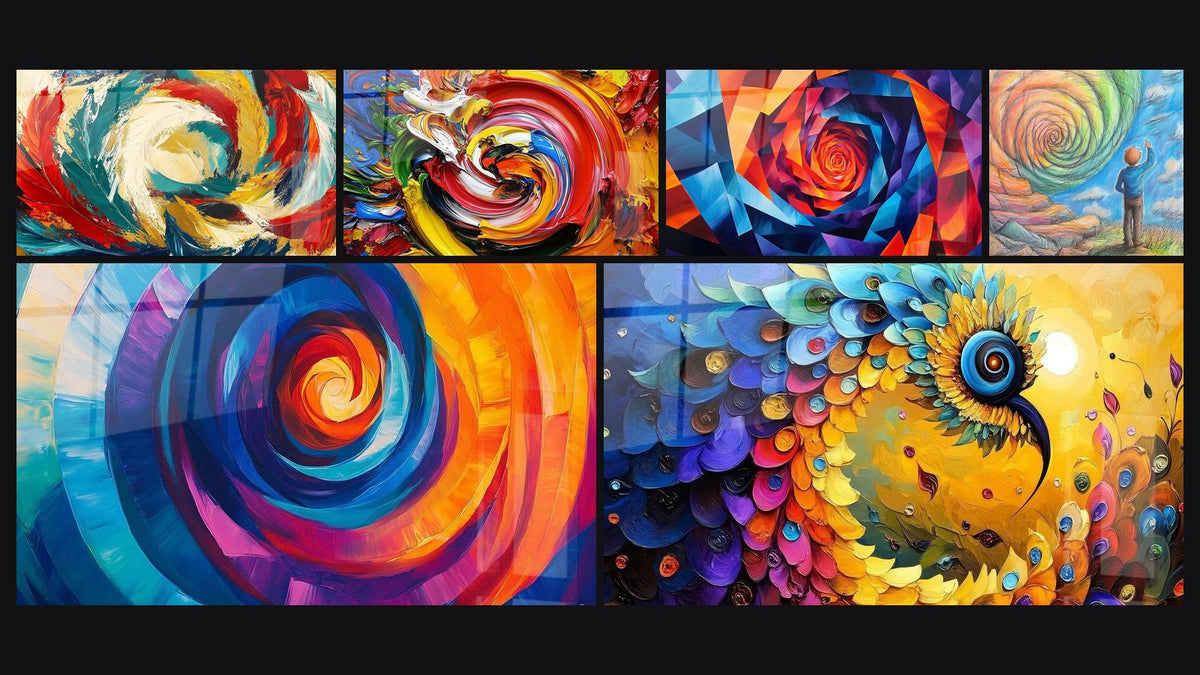 Mosaïque de six tableaux, dont Métamorphose Cosmique, Spirale multicolore et Hypnose Géométrique