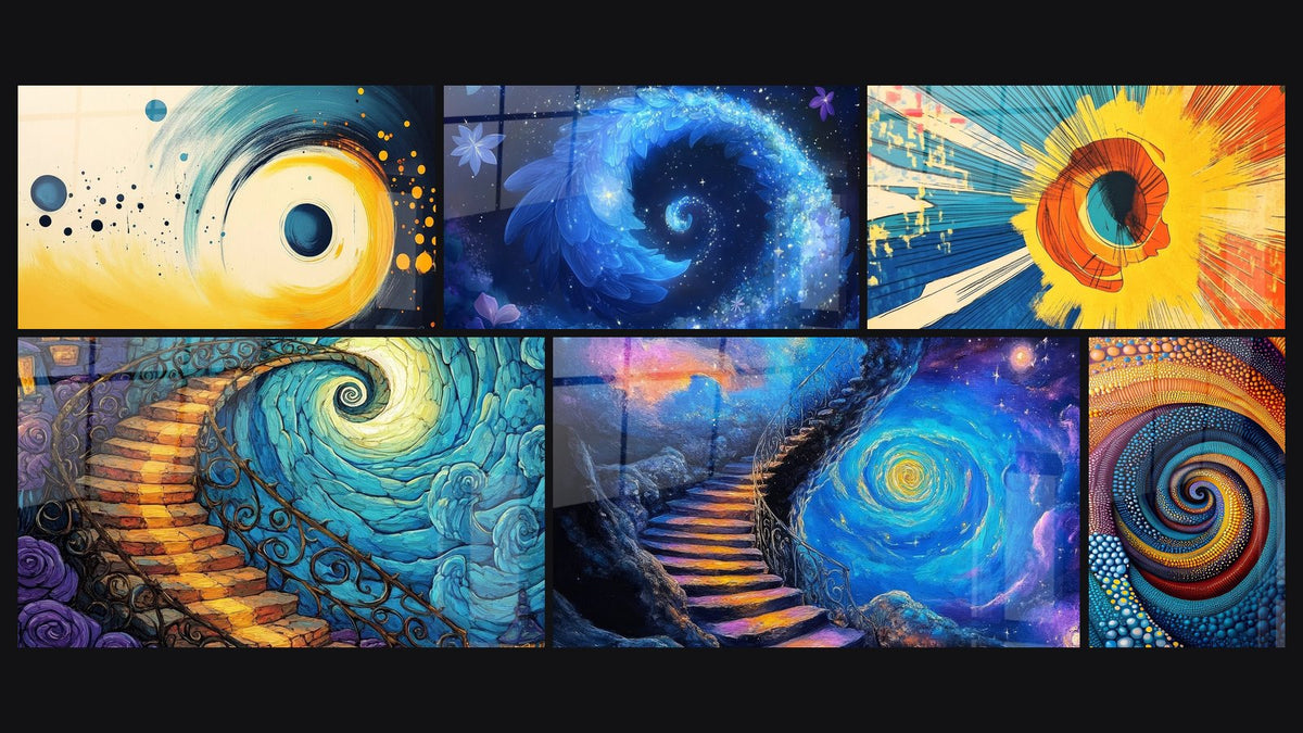 Mosaïque de six tableaux, dont Spirale cosmique dorée, Escalier spirale cosmique et Escalier cosmique