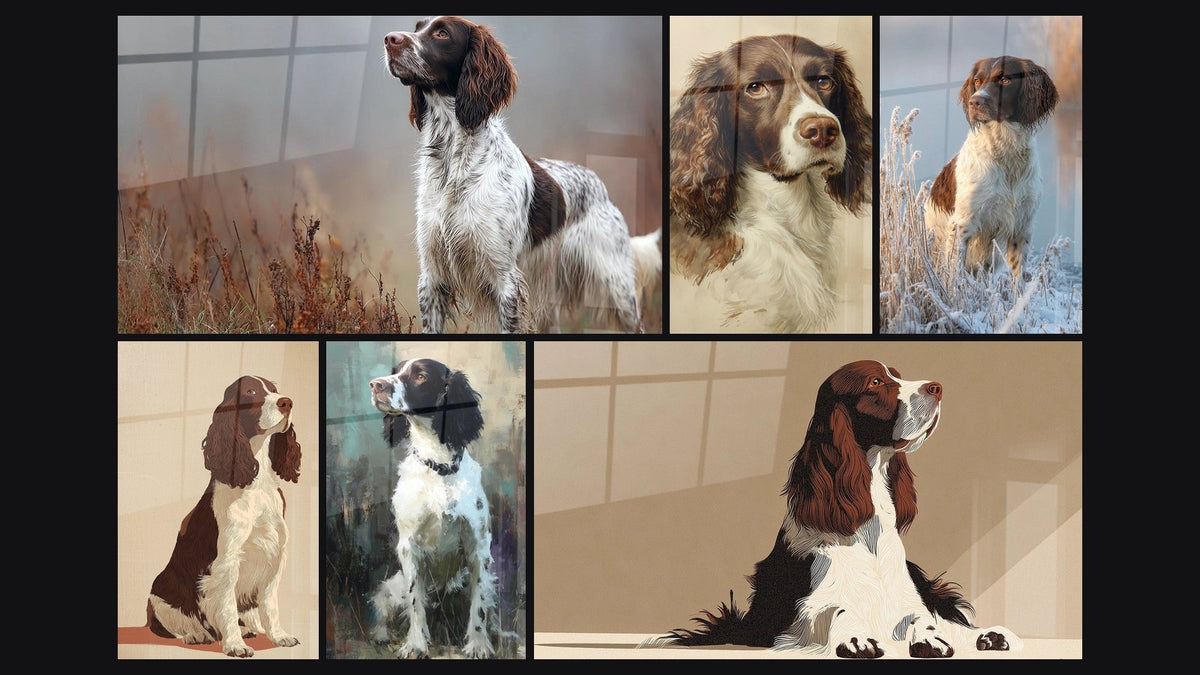 Mosaïque de six tableaux, dont Springer Anglais Assis Fond Beige et Portrait de Chien aux Tons Bruns et Blancs