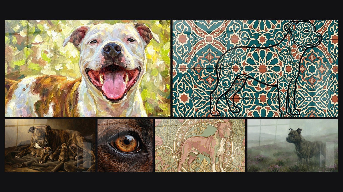 Mosaïque de six tableaux, dont Chien Souriant Langue Rose sur Fond Vert et Chienne et ses Chiots au Repos