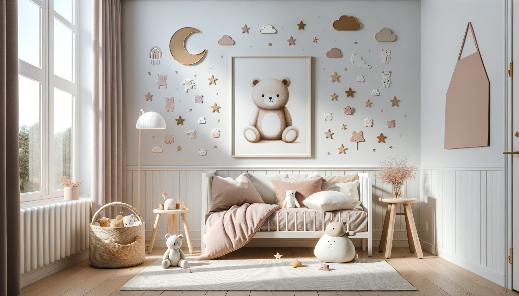Mur de chambre d'enfant moderne avec tableau encadré format moyen entouré de stickers repositionnables assortis