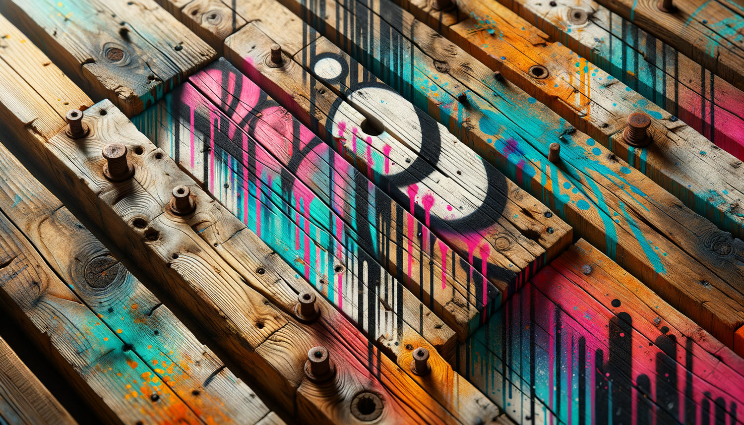 Tableau street art graffiti coloré peint sur planches de bois recyclé aux textures brutes et authentiques
