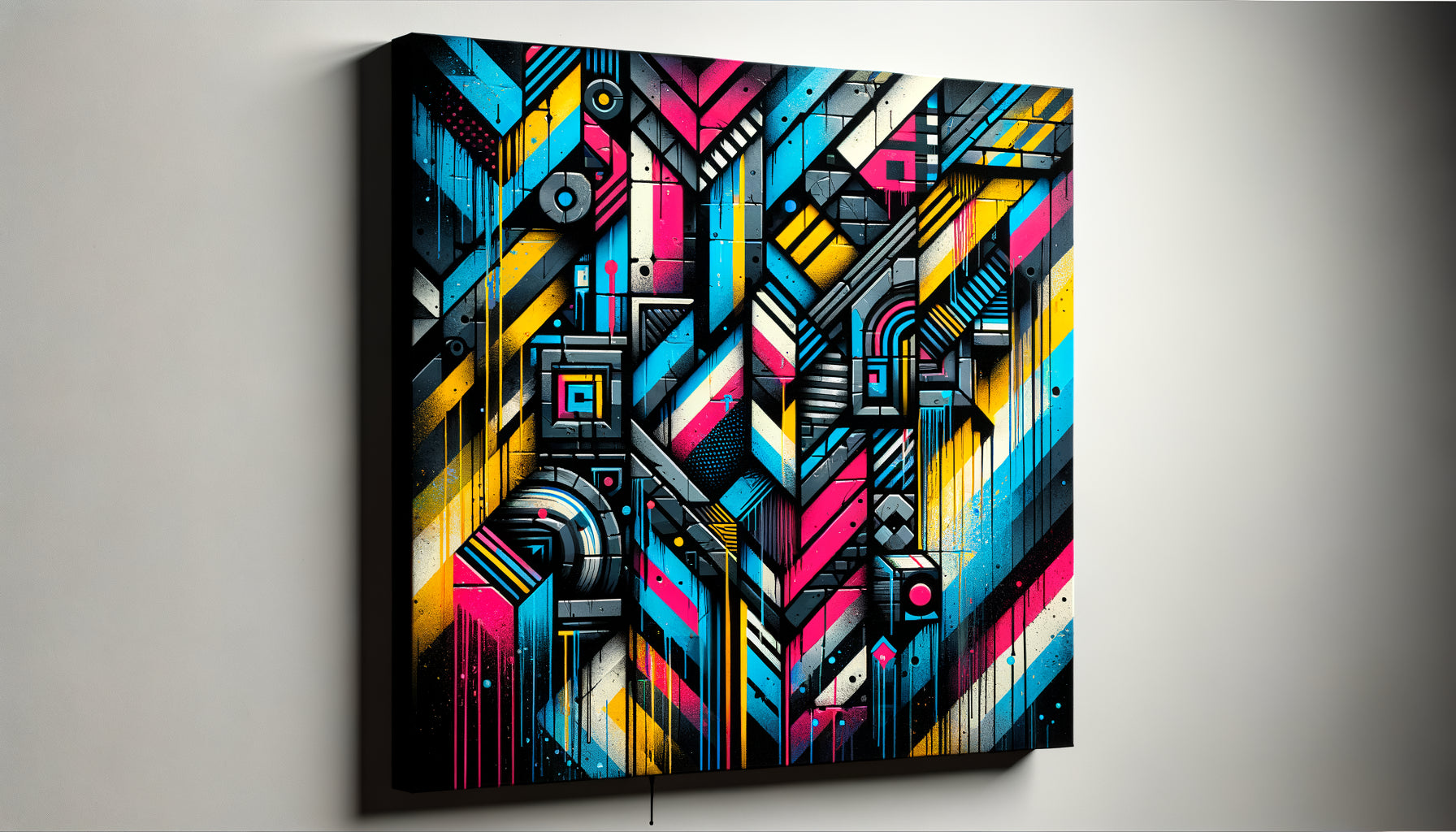 Toile street art contemporain avec technique pochoir et bombe aérosol, couleurs vives et texture urbaine authentique