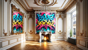 Intérieur haussmannien classique avec tableau street art coloré créant un contraste harmonieux entre style classique et art urbain contemporain