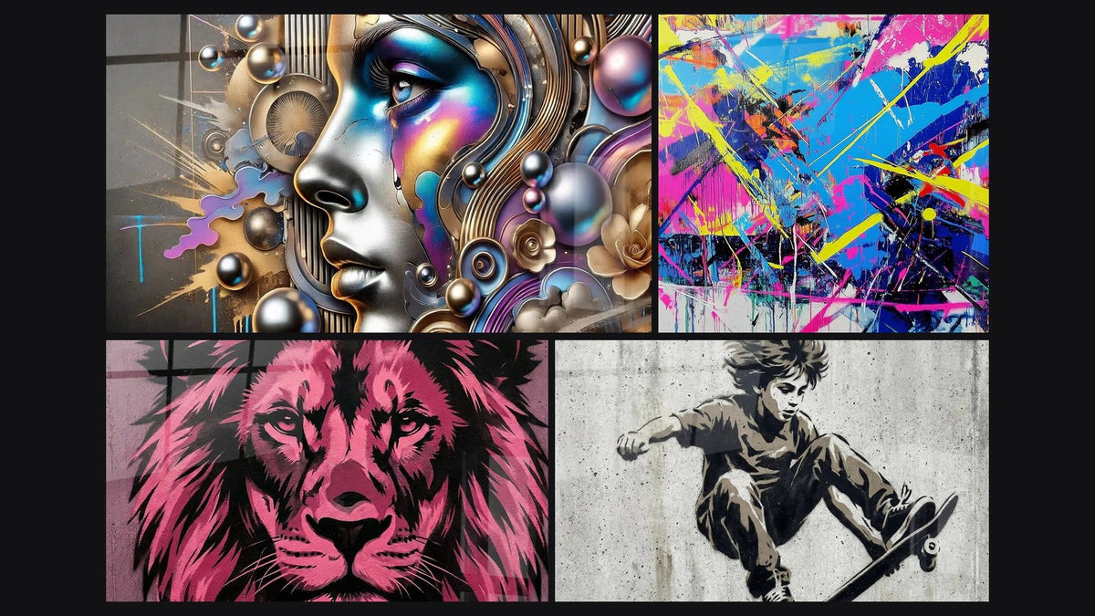 Mosaico di quattro quadri, tra cui Graffito nella Carne, Splash Elettrico e Leone rosa fucsia con toni violacei