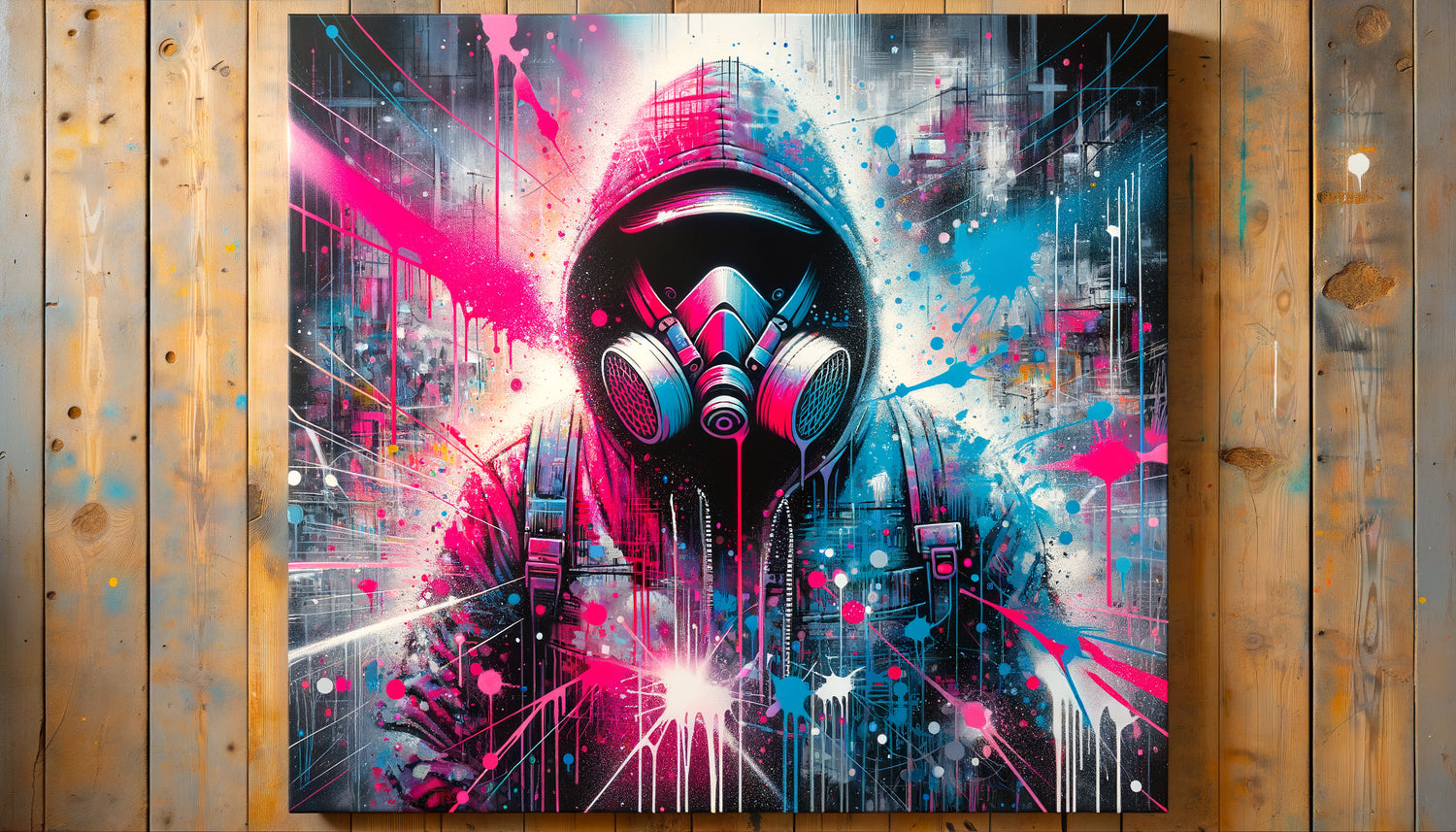 Tableau street art contemporain original avec techniques de pochoir et graffiti, couleurs vives et textures spray paint