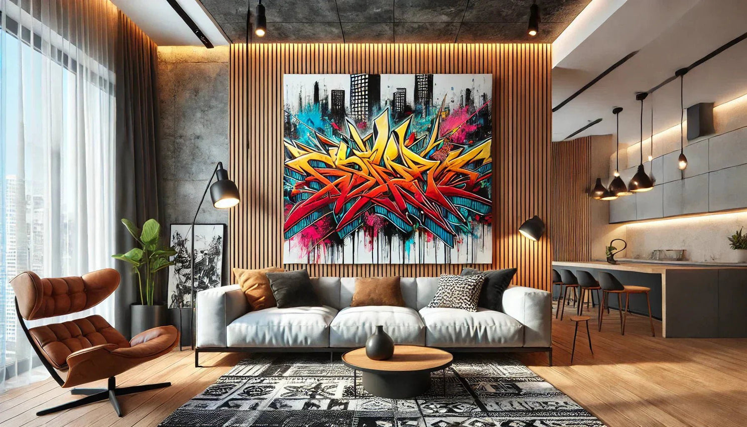 Tableau Street Art pour salon accroché dans un intérieur moderne, sublimant la décoration murale avec des couleurs vibrantes et un style urbain contemporain.