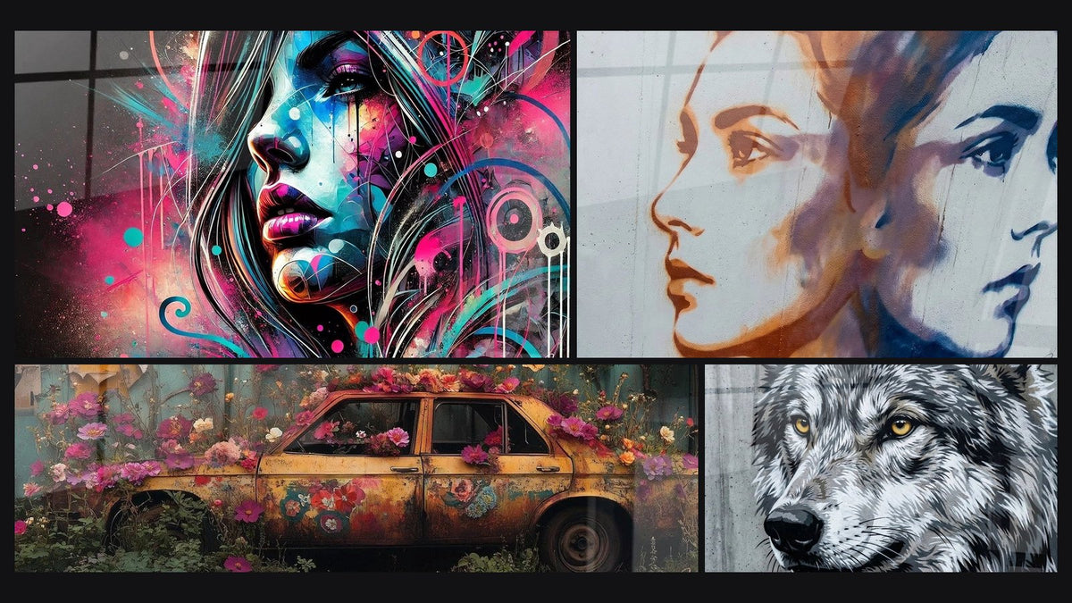 Mosaico de cuatro cuadros, entre ellos Arte callejero N°1, Coche Abandonado y Rostros espejo tonos naranja y azul
