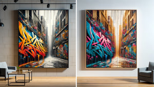 Comparaison visuelle entre tableau street art sur toile légère et sur panneau bois robuste, même œuvre urbaine contemporaine