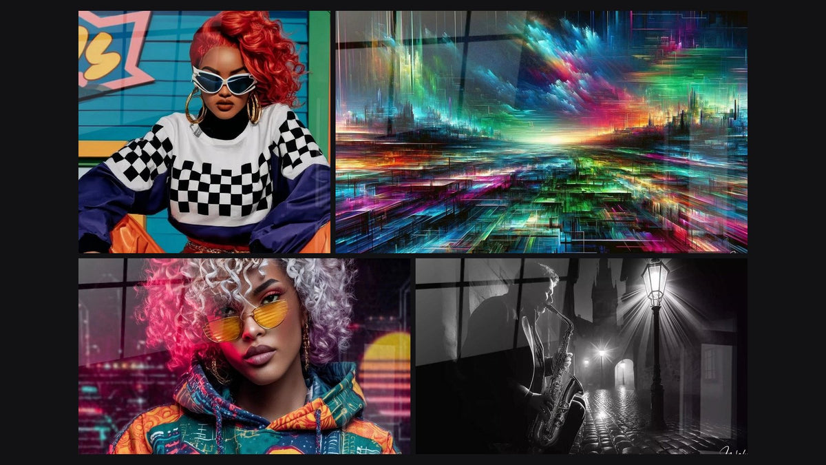Mosaico di quattro quadri, tra cui Pop Art Urbana, Stile Urbano e Miraggio della Coscienza Urbana