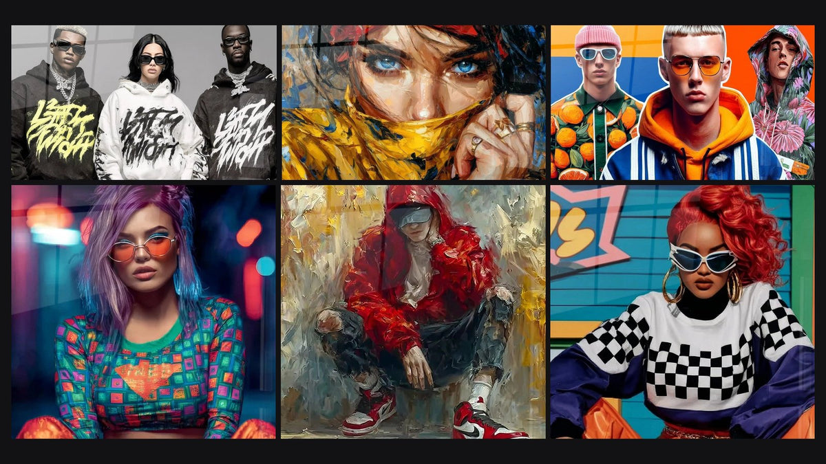 Mosaïque de six tableaux, dont Hip-Hop Trio, Yeux Bleus et Génération Z