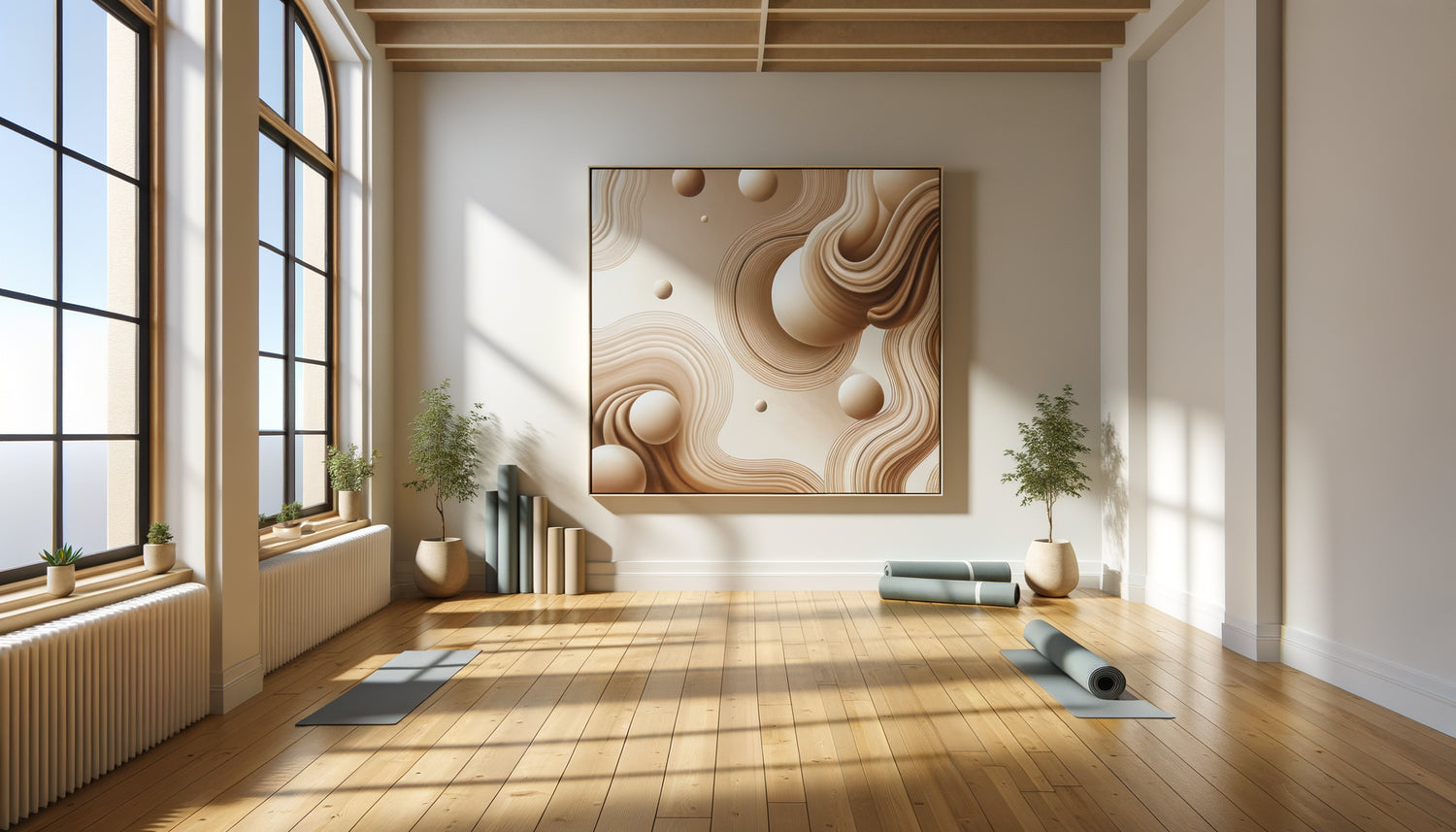 Studio de yoga minimaliste avec tableau de 100cm créant l'équilibre parfait dans l'espace de 40m²