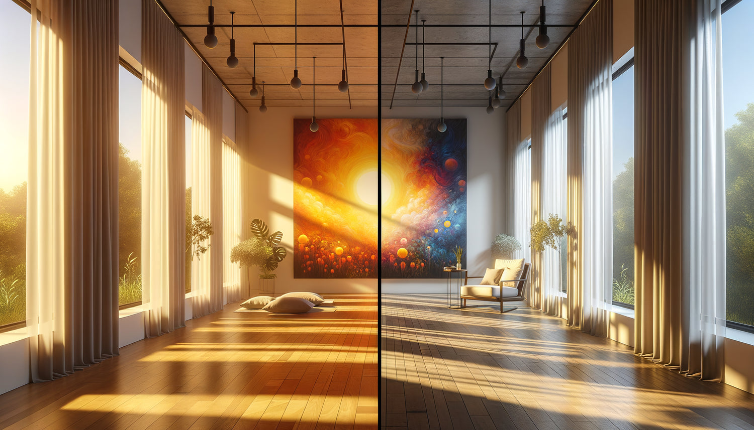 Comparaison d'un mur de studio de yoga le matin avec lumière vive et le soir avec éclairage tamisé